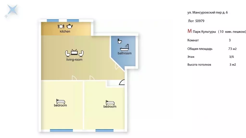 3-к кв. Москва Мансуровский пер., 6 (73.0 м) - Фото 2