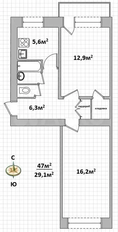 2-к. квартира, 47 м, 2/5 эт. - Фото 0