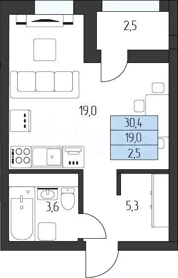 Квартира-студия, 29,8 м, 4/8 эт. - Фото 1