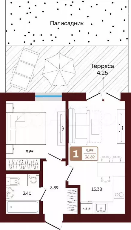 1-к. квартира, 36,7 м, 1/3 эт. - Фото 0