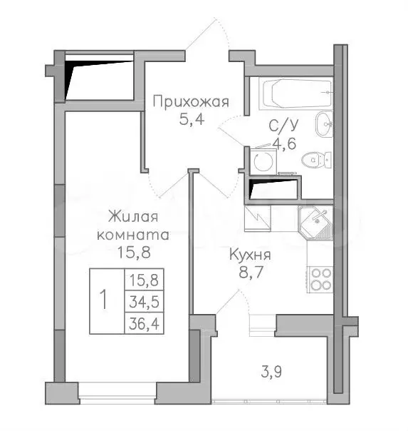 1-к. квартира, 36,3 м, 15/19 эт. - Фото 1