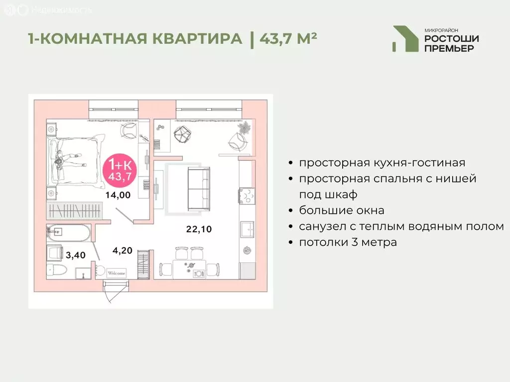 1-комнатная квартира: Оренбург, микрорайон Ростоши Премьер (43.7 м) - Фото 1