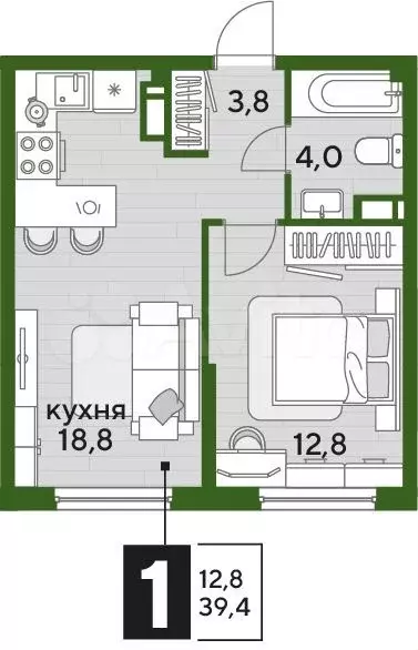 1-к. квартира, 39,4 м, 12/16 эт. - Фото 1