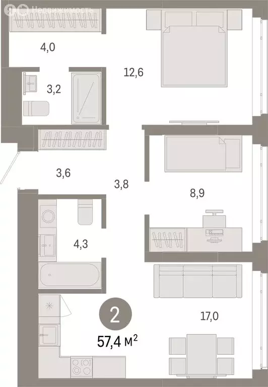 2-комнатная квартира: Тюмень, Ленинский округ (57.4 м) - Фото 1