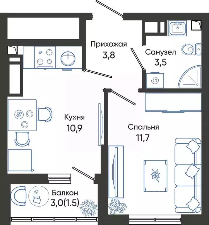 1-к кв. Краснодарский край, Новороссийск Облака 3 жилой комплекс (31.4 ... - Фото 0