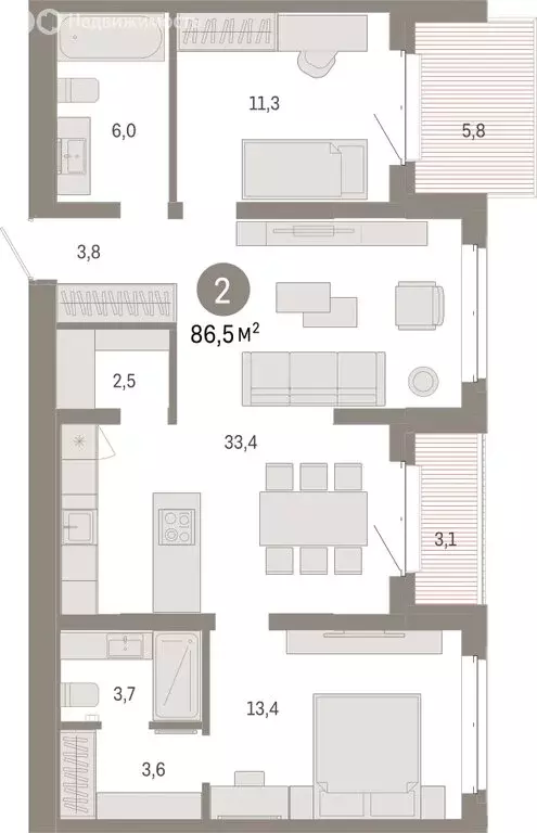 2-комнатная квартира: Тюмень, жилой комплекс На Минской (86.54 м) - Фото 1