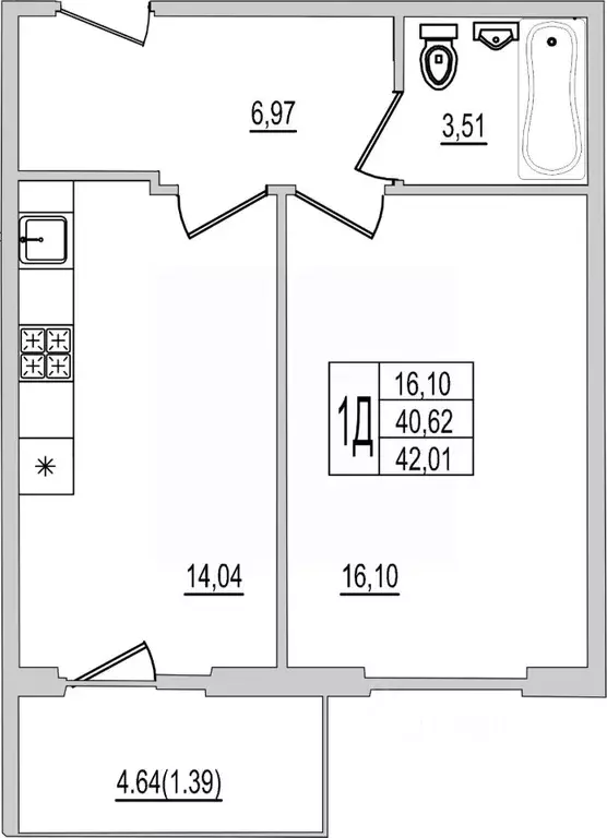 1-к кв. Псковская область, Псков Рижский просп., 94Г (42.01 м) - Фото 1