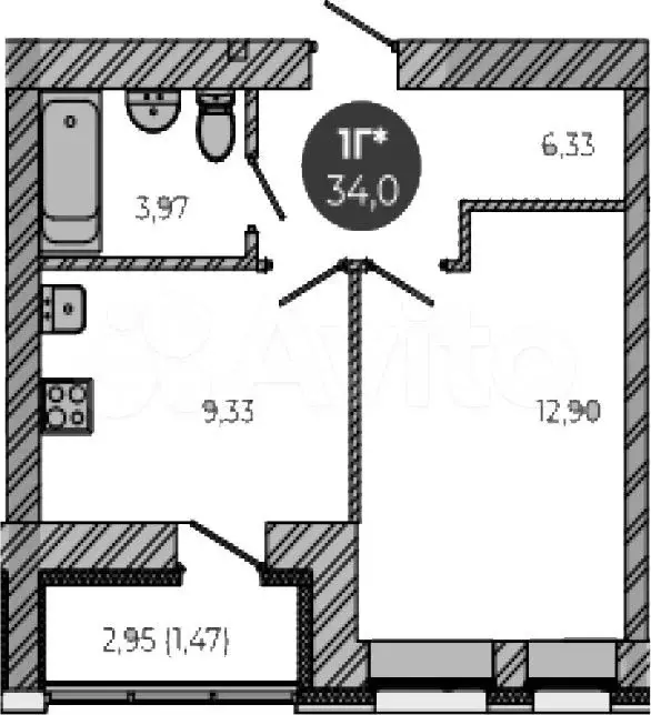 1-к. квартира, 34м, 9/9эт. - Фото 1