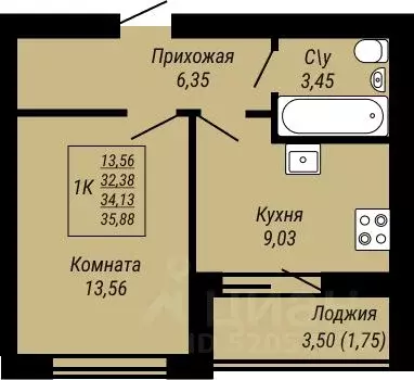 1-к кв. Ивановская область, Иваново Юбилейный жилой комплекс (35.88 м) - Фото 0