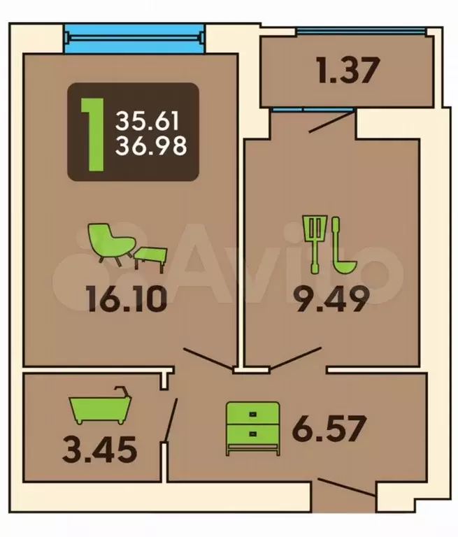 1-к. квартира, 37 м, 7/8 эт. - Фото 0