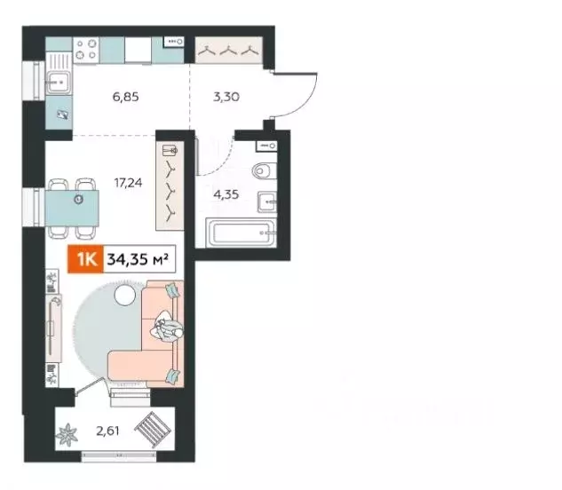 Студия Иркутская область, Иркутск ул. Березовая Роща, 13Б (34.3 м) - Фото 1