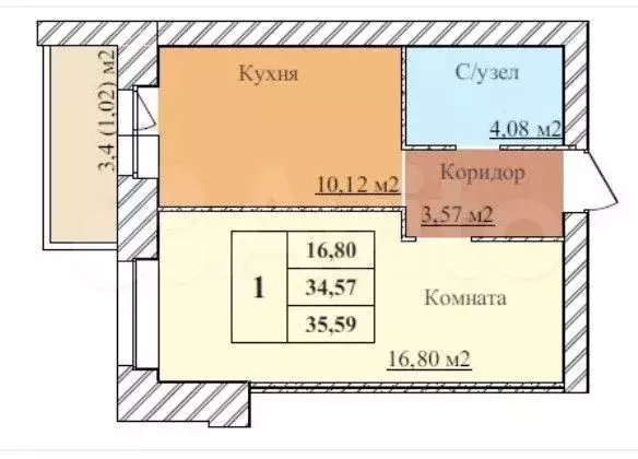 1-к. квартира, 35,6 м, 5/5 эт. - Фото 0