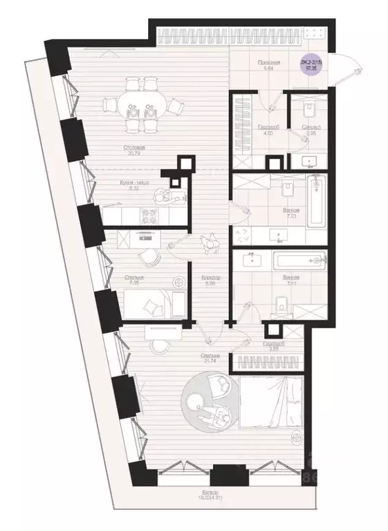 2-к кв. Татарстан, Казань Яналиф жилой комплекс (97.35 м) - Фото 2