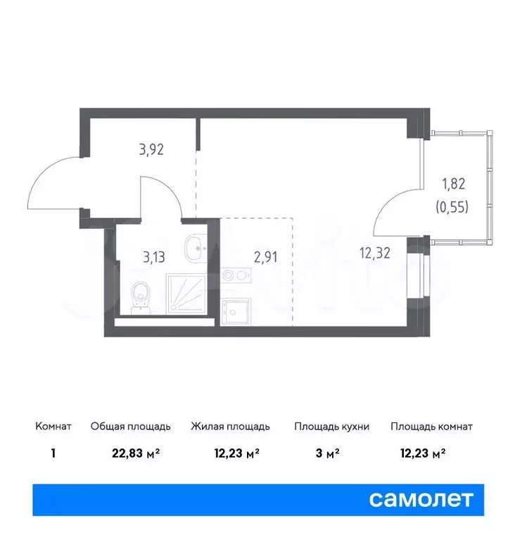 Квартира-студия, 22,8м, 8/9эт. - Фото 0