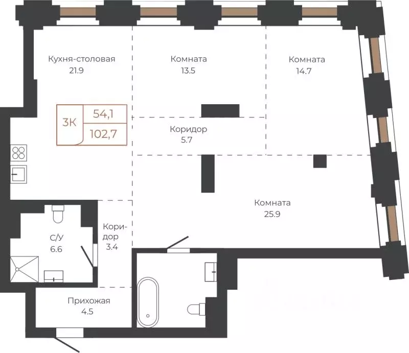 3-к кв. Алтайский край, Барнаул пл. Баварина, 8к2 (102.6 м) - Фото 1