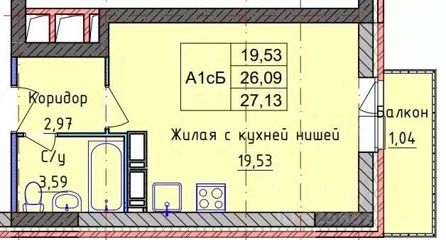 Студия Ярославская область, Ярославль ул. Пашуковская, 9к2 (27.13 м) - Фото 1