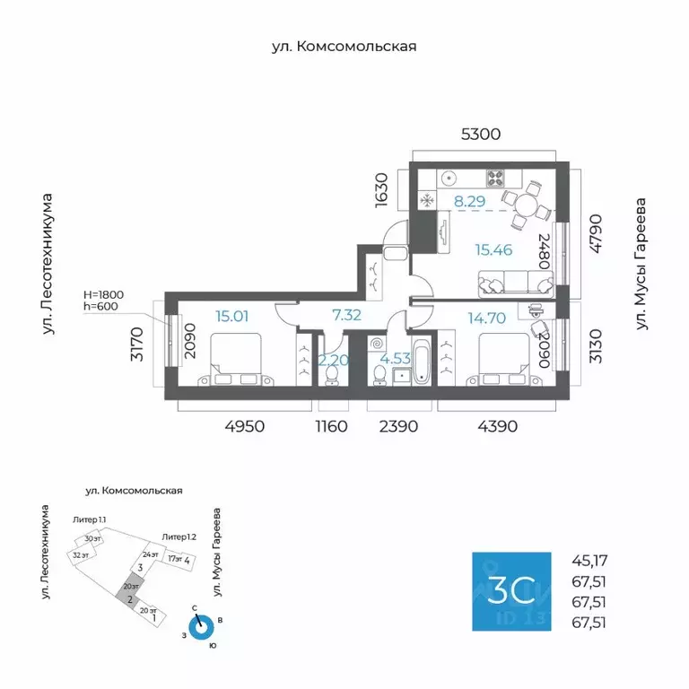 3-к кв. Башкортостан, Уфа Глумилино-1 мкр, 8-е Небо жилой комплекс ... - Фото 1