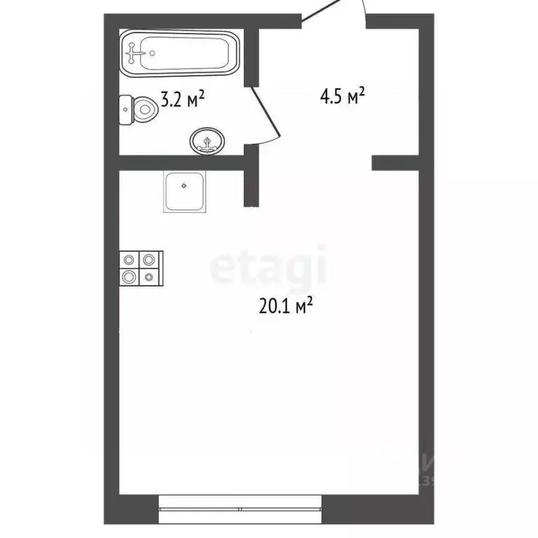Студия Тюменская область, Тюмень ул. Николая Ростовцева, 24 (27.7 м) - Фото 2