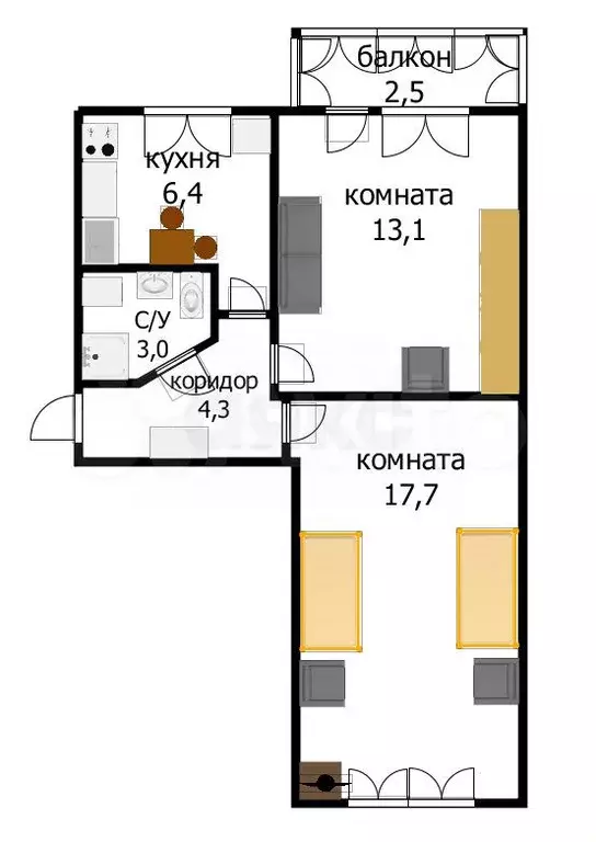 2-к. квартира, 44,5 м, 2/5 эт. - Фото 1