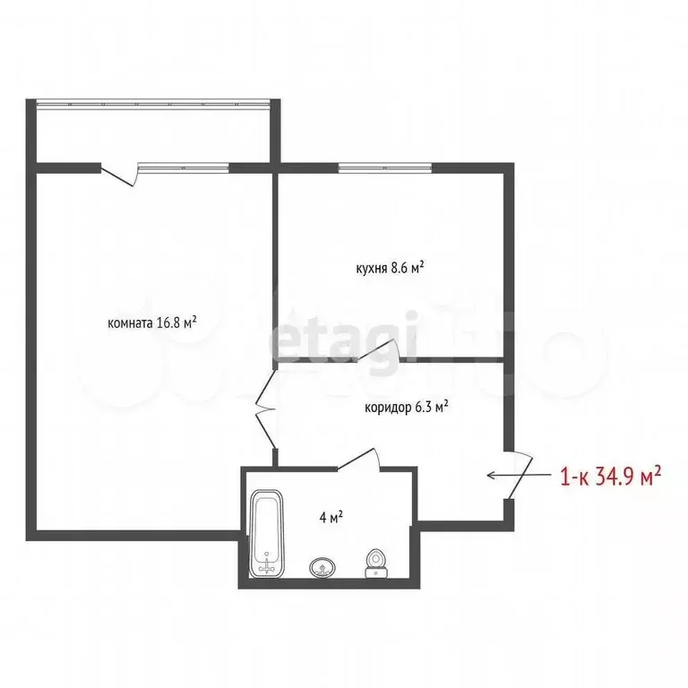 1-к. квартира, 34,9 м, 2/5 эт. - Фото 0