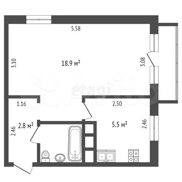 1-к. квартира, 30,8 м, 3/5 эт. - Фото 0