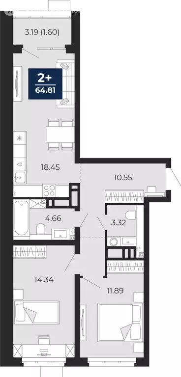 2-комнатная квартира: Тюмень, Арктическая улица, 14 (66.4 м) - Фото 1