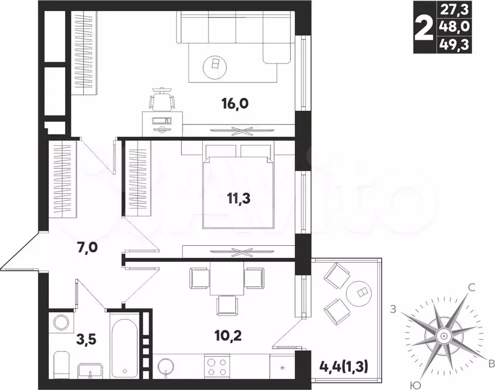 2-к. квартира, 49,3 м, 5/9 эт. - Фото 0