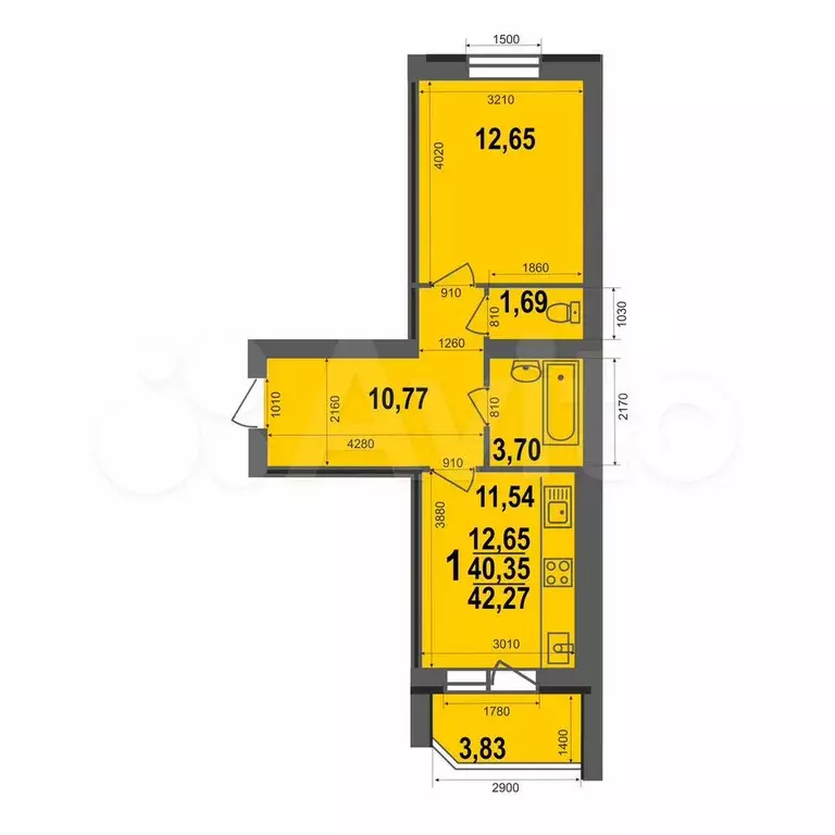 1-к. квартира, 42,3 м, 1/5 эт. - Фото 0