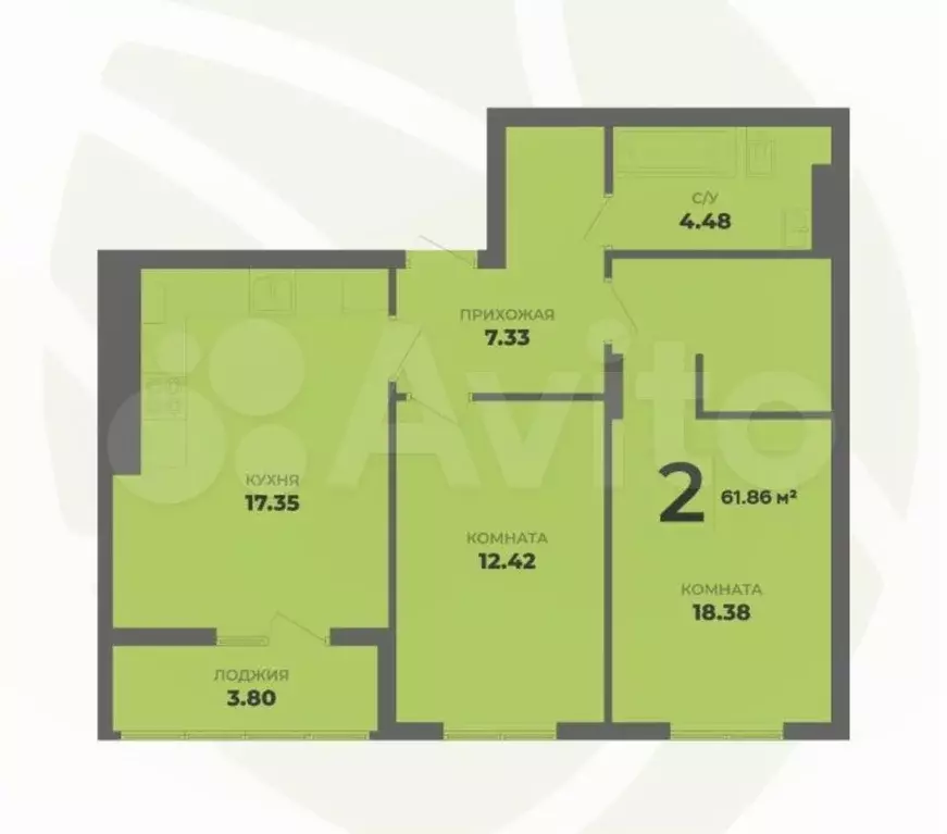 2-к. квартира, 61,9 м, 3/8 эт. - Фото 1