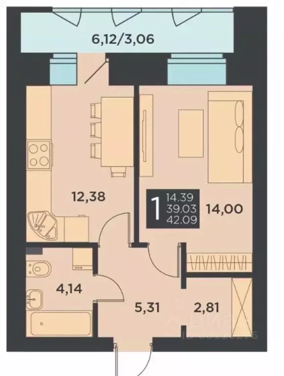 1-к кв. Пермский край, Пермь ул. Подводников, 80к2 (39.0 м) - Фото 2