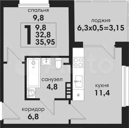 1-к. квартира, 36м, 2/4эт. - Фото 1