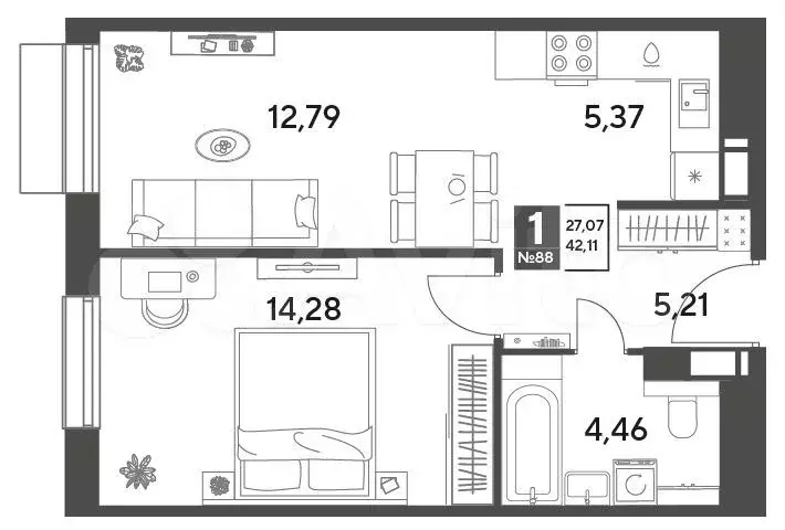 1-к. квартира, 42,1 м, 8/9 эт. - Фото 0