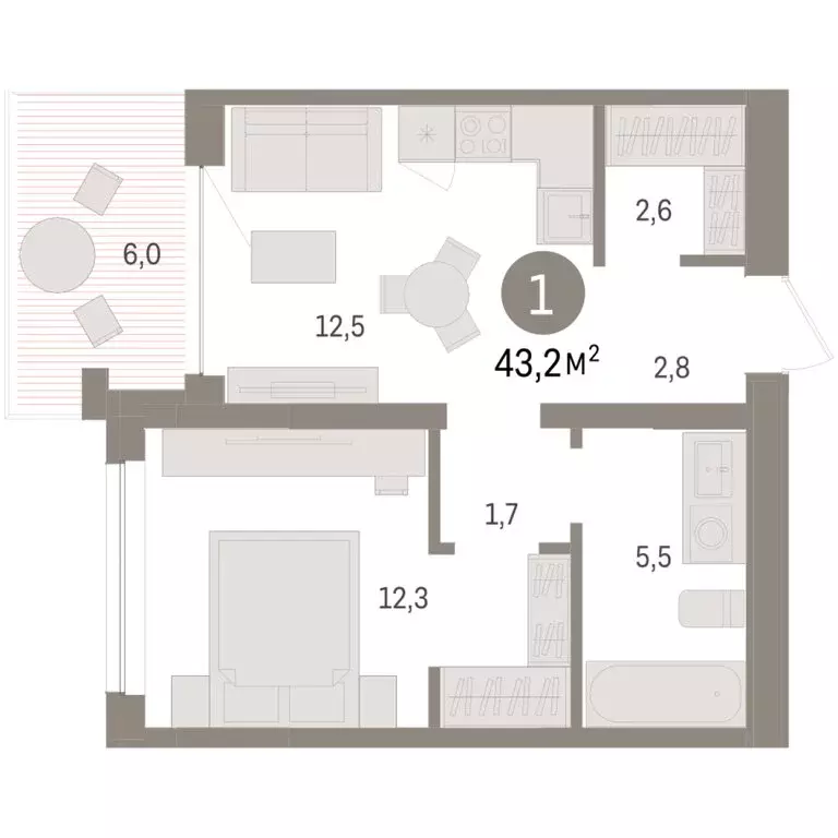 1-комнатная квартира: Тюмень, ЖК Дом у Озера (43.17 м) - Фото 2