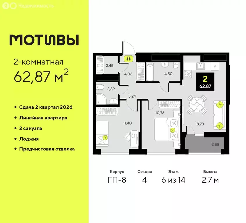 2-комнатная квартира: Тюмень, жилой комплекс Мотивы (62.87 м) - Фото 1