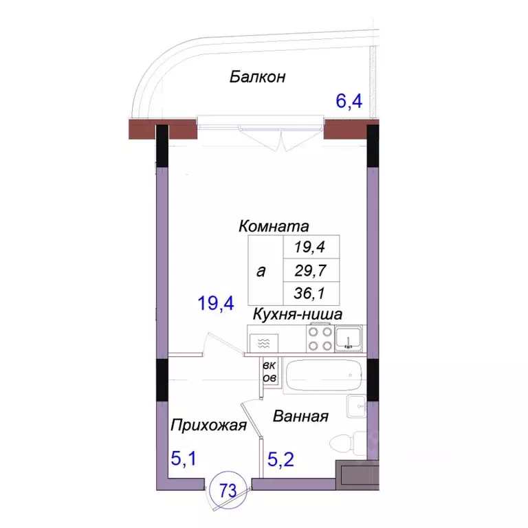Студия Калининградская область, Светлогорск Балтийская ул. (36.1 м) - Фото 1
