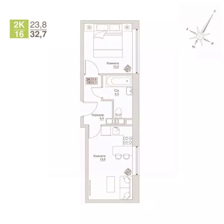 2-к кв. Московская область, Люберцы  (32.7 м) - Фото 1