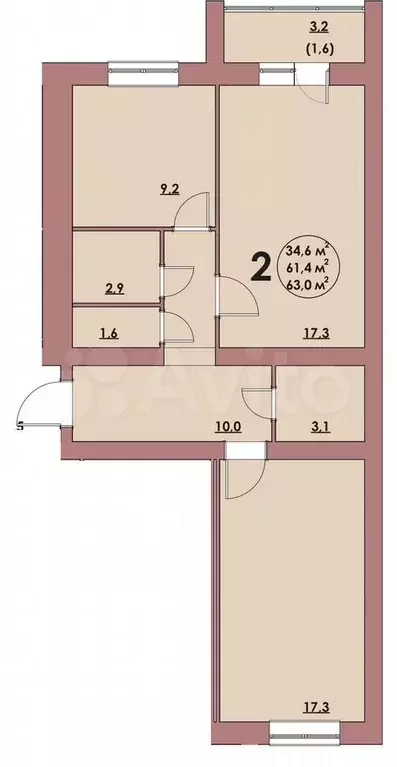 2-к. квартира, 63 м, 2/5 эт. - Фото 0