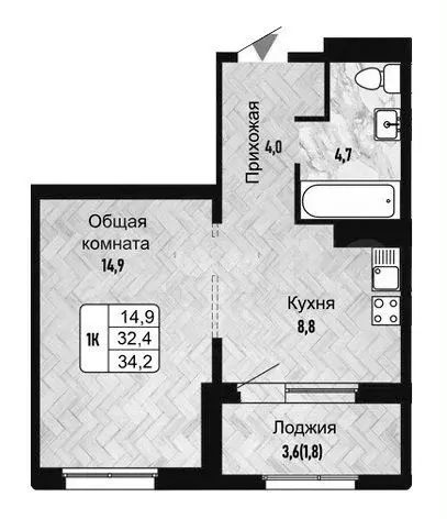 1-к. квартира, 34,2 м, 2/14 эт. - Фото 0