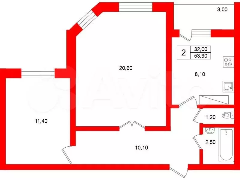 2-к. квартира, 53,9 м, 7/9 эт. - Фото 0
