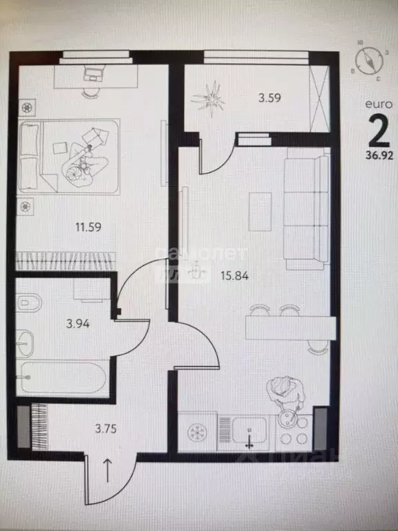 1-к кв. Липецкая область, Липецк ул. Перова, 2В (36.92 м) - Фото 2
