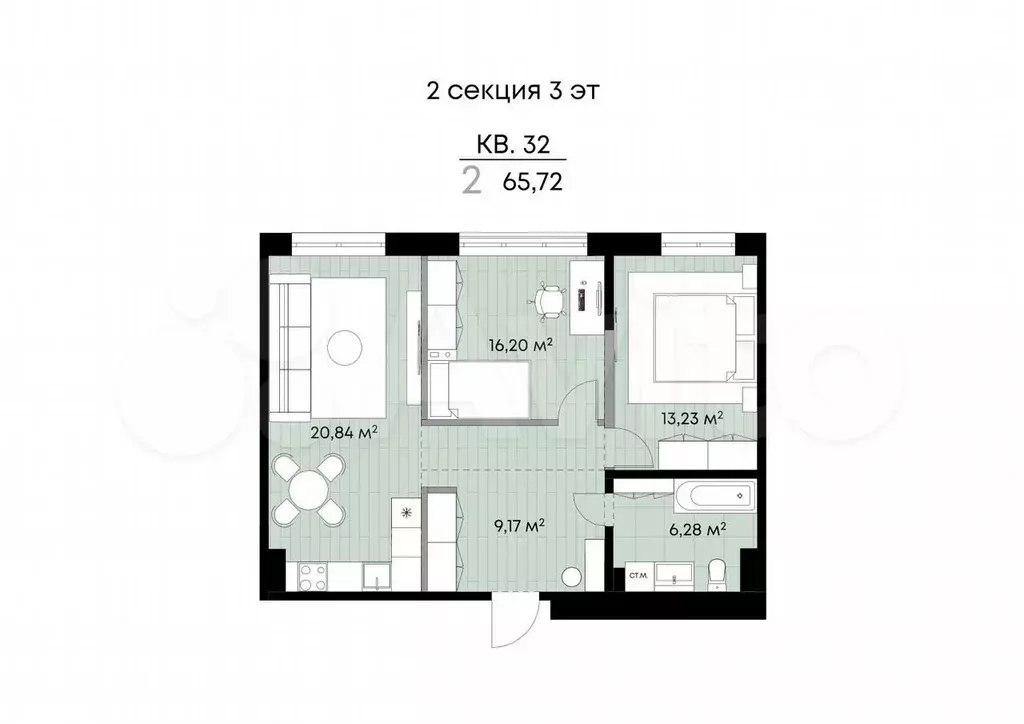 2-к. квартира, 65,7 м, 3/9 эт. - Фото 1
