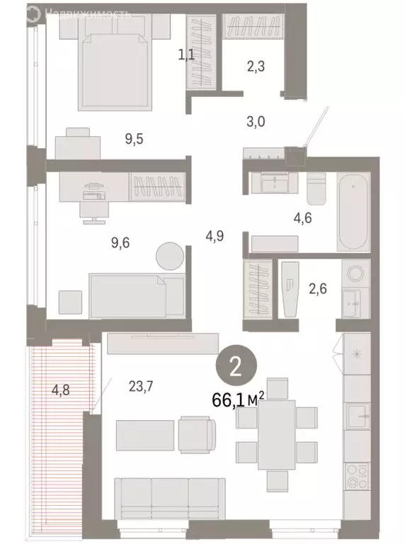 2-комнатная квартира: Тюмень, улица Республики, 205к3 (66.13 м) - Фото 1