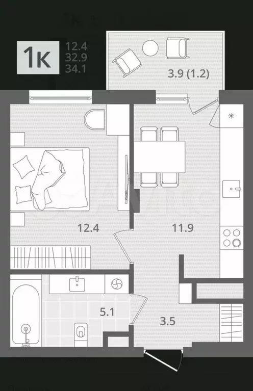 1-к. квартира, 34,1 м, 2/7 эт. - Фото 1