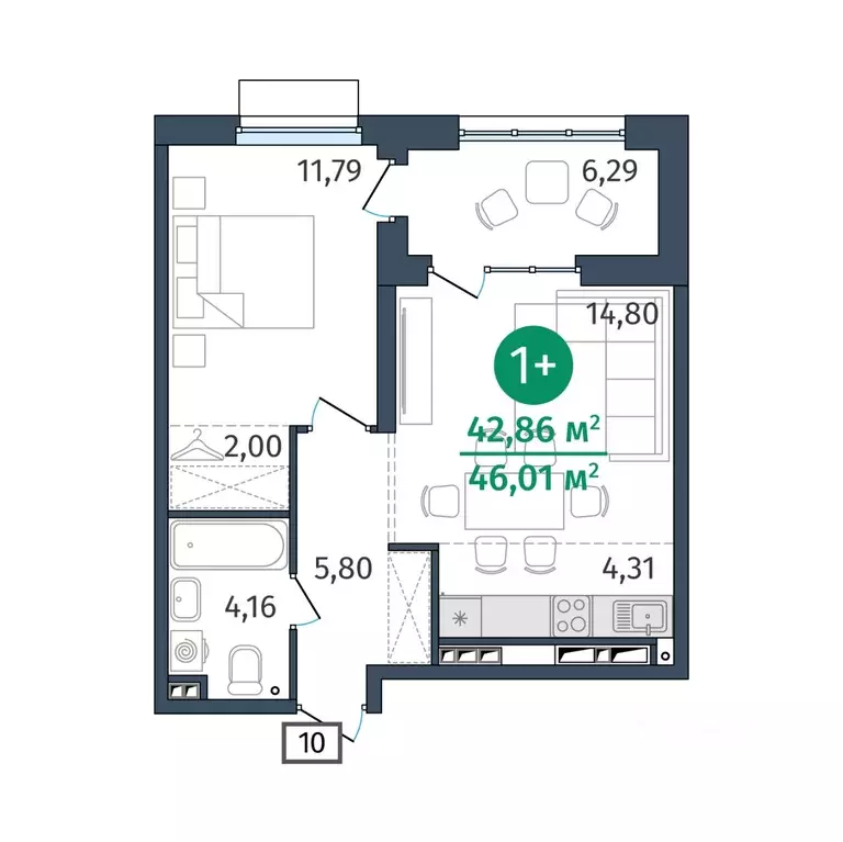 1-к кв. Тюменская область, Тюмень ул. Тимофея Кармацкого, 17 (42.86 м) - Фото 0