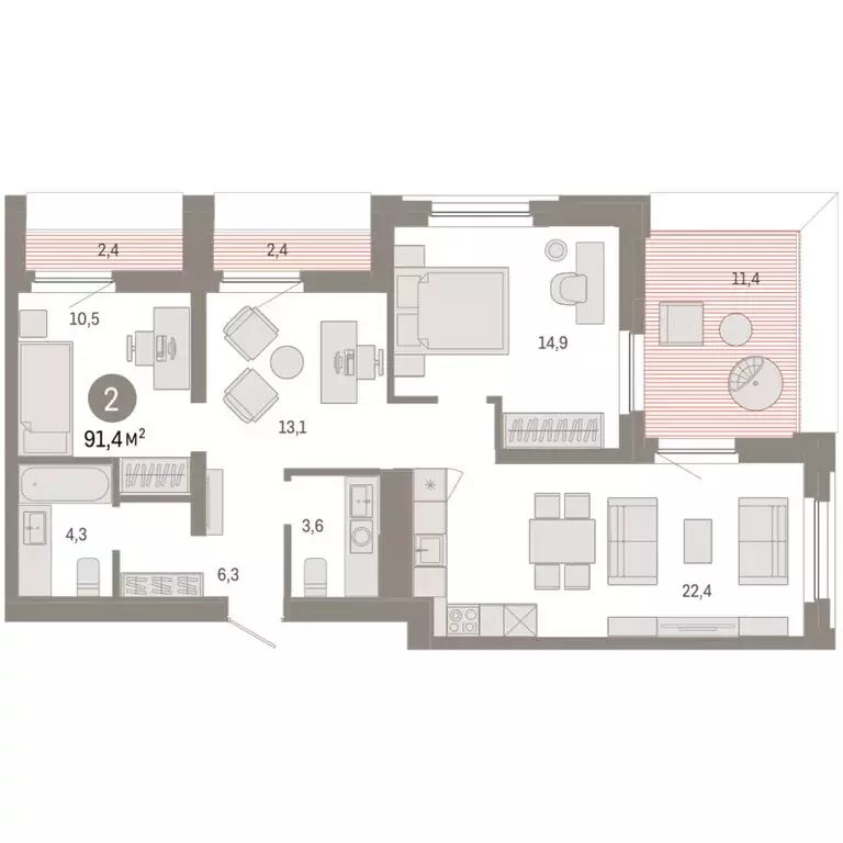 2-комнатная квартира: Тюмень, Мысовская улица, 26к2 (91.4 м) - Фото 2