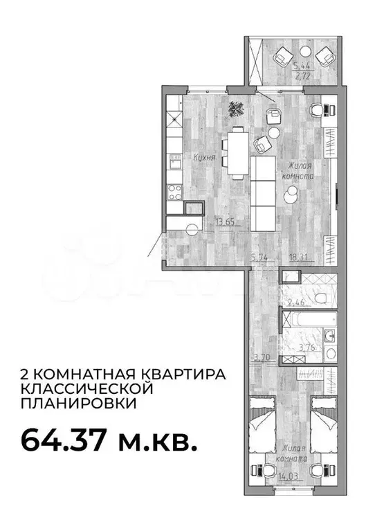 2-к. квартира, 64,4 м, 2/5 эт. - Фото 1