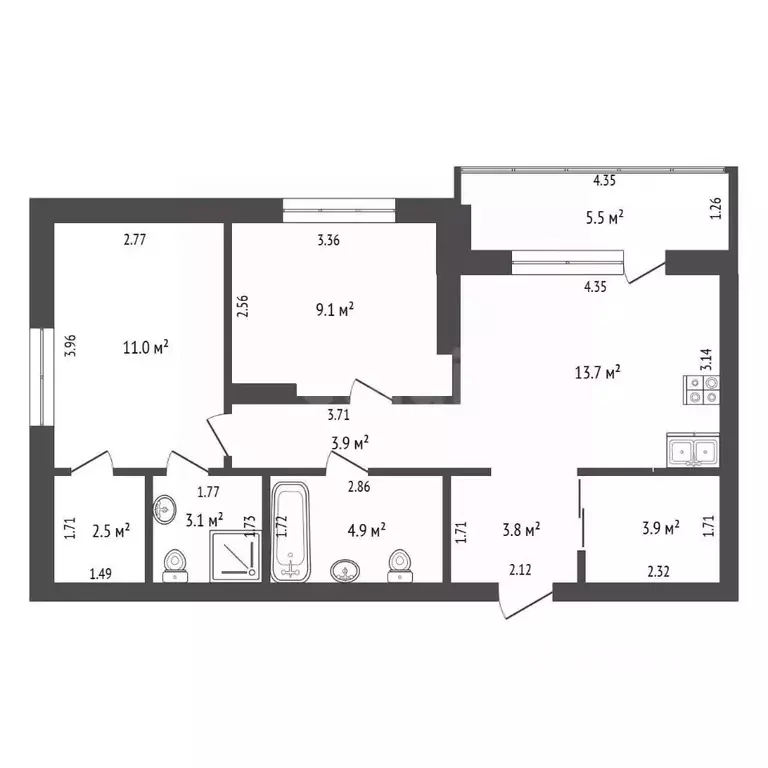 2-к кв. Тюменская область, Тюмень ул. Республики, 204к18 (55.9 м) - Фото 2