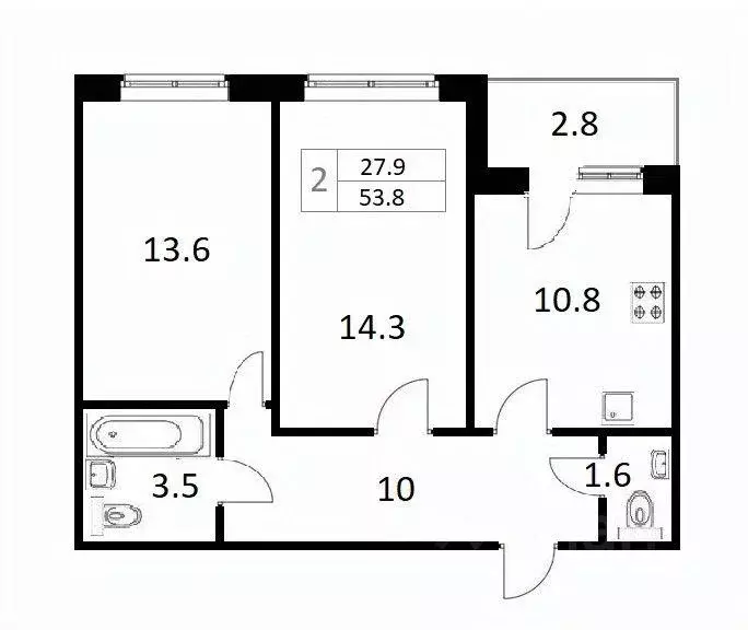 Квартира, 2 комнаты, 53.8 м - Фото 0