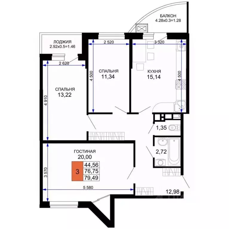 3-к кв. Адыгея, Майкоп Степная ул., 255с2 (79.49 м) - Фото 1