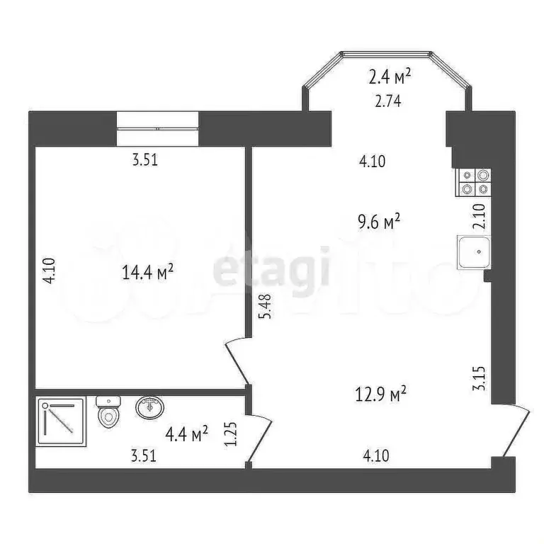 1-к. квартира, 43,7 м, 1/3 эт. - Фото 0